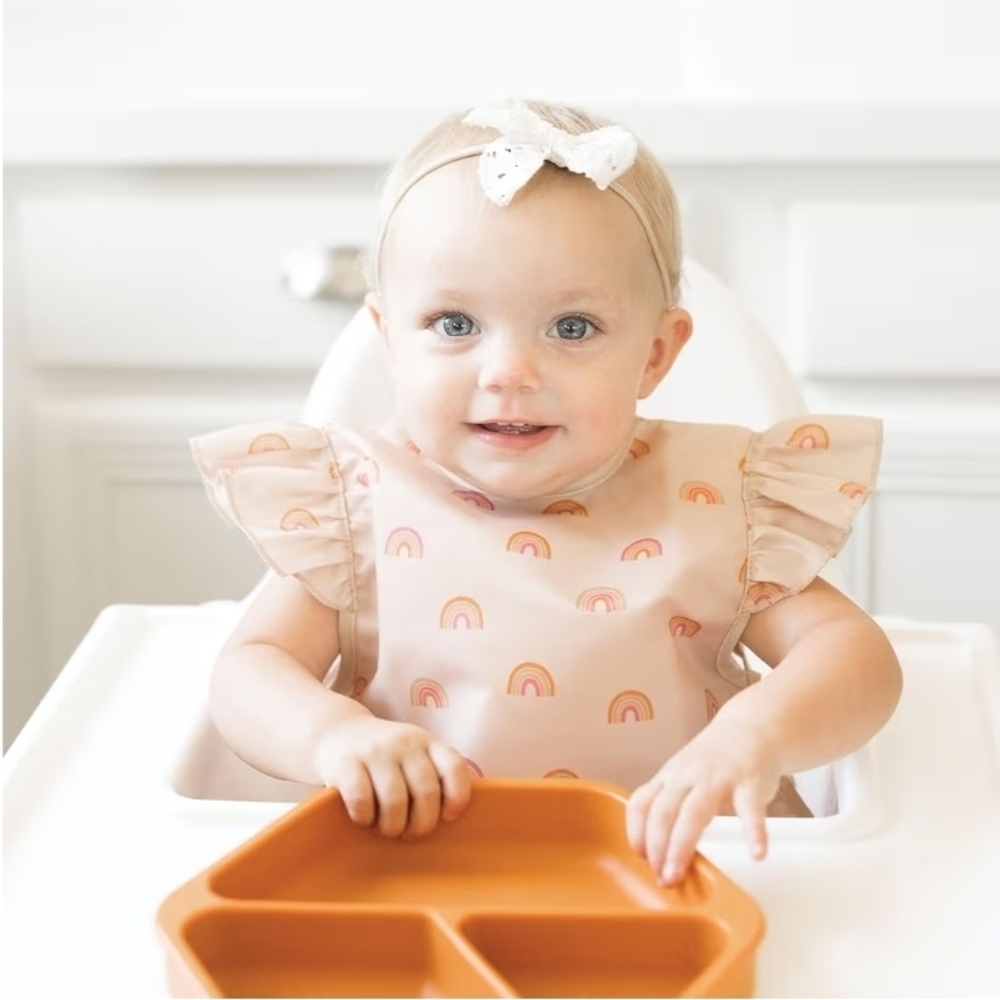 Tiny Twinkle Mess Proof Bib 6-24m Boho Rainbow & Silicone Suction Divided Plate